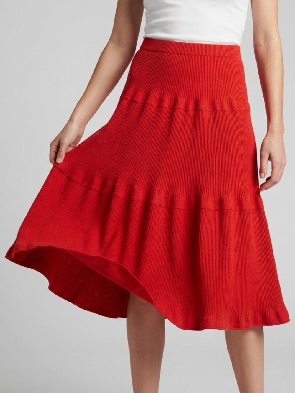 Alice Blue Red Tiered Knit Maxi Skirt Women Elastic WaistBoho Cottagecore Size S